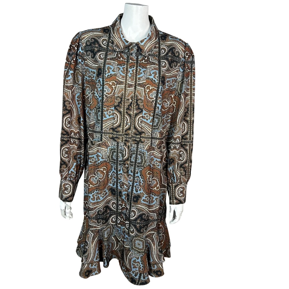 Alex Marie Shirt Dress Womens Size 14 Brown Blue Paisley Ruffle Hem Office Event